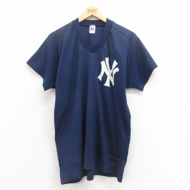 XL★古着 ラッセル 半袖 ビンテージ Tシャツ メンズ 80年代 80s MLB ニューヨークヤンキース Vネック USA製 紺 ネイビー メジャーリーグ ベースボール 野球 25aug09 中古
