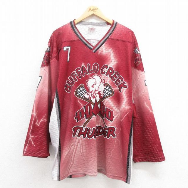 XL★古着 長袖 ビンテージ Tシャツ アイスホッケー ジャージ メンズ 00年代 00s バッファロー 大きいサイズ ロング丈 メッシュ地 Vネック カナダ製 エンジ ユニフォーム ゲームシャツ 25aug09 中古