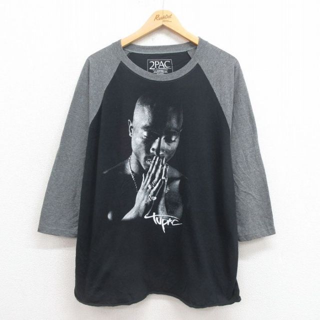 XL★古着 7分袖 ヒップホップ ラップ Tシャツ メンズ トゥパック 2パック 2PAC 大きいサイズ ツートンカラー クルーネック 黒 ブラック 25aug09 中古 7分丈 七分丈 七分袖