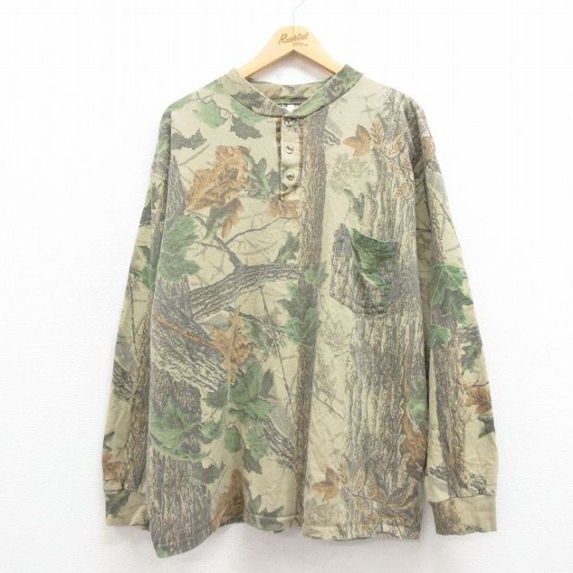 XL★古着 レッドヘッド 長袖 ビンテージ Tシャツ メンズ 90年代 90s リアルツリー 胸ポケット付き 大きいサイズ コットン ヘンリーネック ベージュ カーキ 迷彩 25aug09 中古