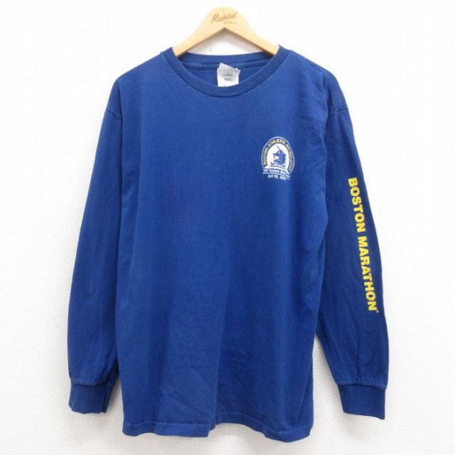 【50%OFF】XL★古着 アディダス adidas 長袖 ビンテージ Tシャツ メンズ 00年代 00s ボストンマラソン コットン クルーネック USA製 青 ブルー 25aug09 中古
