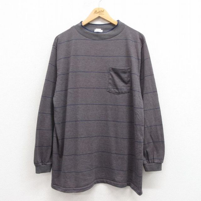 XL★古着 長袖 ビンテージ Tシャツ メンズ 90年代 90s 胸ポケット付き USA製 グレー ボーダー 25aug09 中古