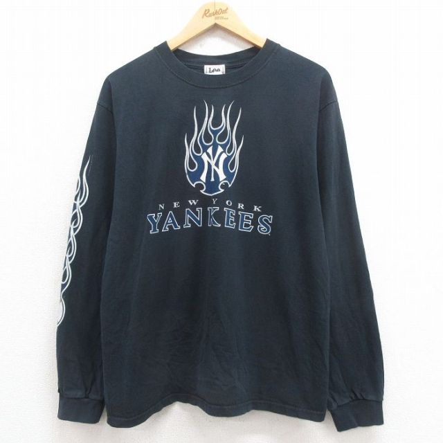 L★古着 リー Lee 長袖 ビンテージ Tシャツ メンズ 00年代 00s MLB ニューヨークヤンキース コットン クルーネック 黒 ブラック メジャーリーグ ベースボール 野球 25aug09 中古