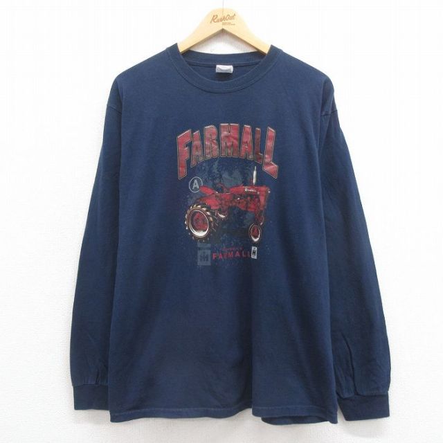 【50%OFF】L★古着 長袖 ビンテージ Tシャツ メンズ 00年代 00s トラクター コットン クルーネック 紺 ネイビー 25aug09 中古