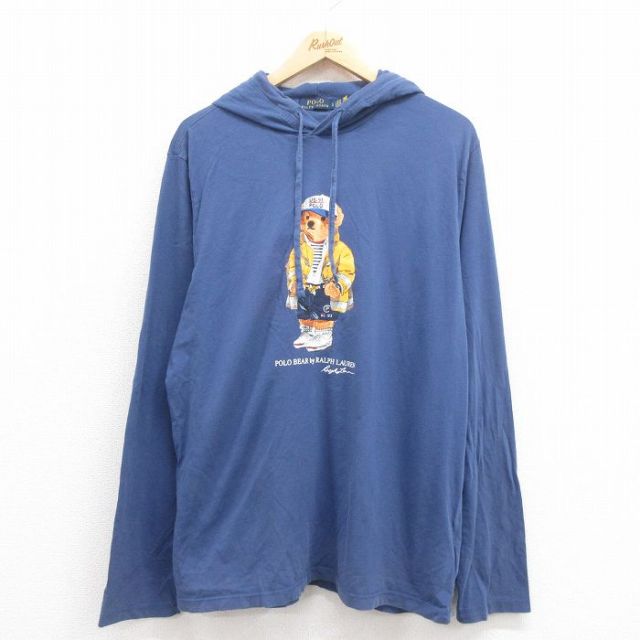 XL★古着 ラルフローレン Ralph Lauren 長袖 ブランド Tシャツ パーカー メンズ ポロベア コットン 薄紺 ネイビー 【spe】 25aug09 中古