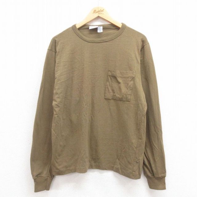 L★古着 長袖 ビンテージ Tシャツ メンズ 90年代 90s 無地 胸ポケット付き コットン クルーネック 緑 グリーン 25aug09 中古