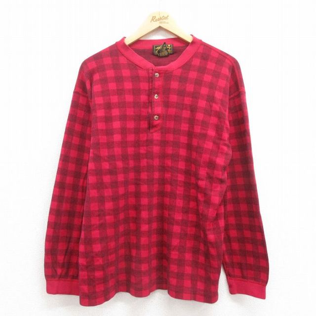 【50%OFF】L★古着 エディーバウアー 長袖 ビンテージ Tシャツ メンズ 90年代 90s ヘンリーネック USA製 赤 レッド チェック 【spe】 25aug09 中古