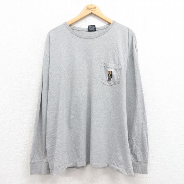XL★古着 ラルフローレン Ralph Lauren 長袖 ブランド Tシャツ メンズ ポロベア 胸ポケット付き 大きいサイズ コットン クルーネック グレー 霜降り 25aug12 中古