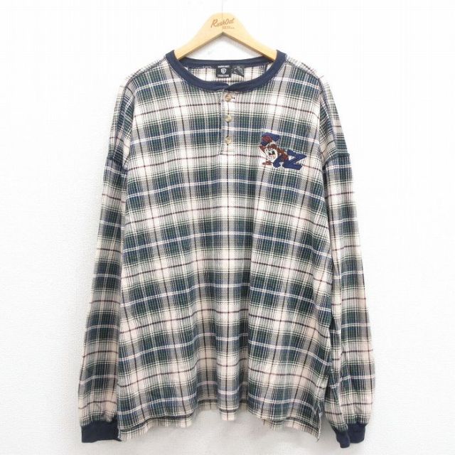 XL★古着 長袖 ビンテージ Tシャツ メンズ 90年代 90s ルーニーテューンズ LOONEY TUNES タズ 大きいサイズ ヘンリーネック 緑 グリーン チェック 25aug12 中古