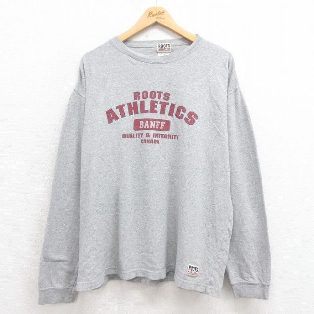 XL★古着 ROOTS 長袖 ビンテージ Tシャツ メンズ 00年代 00s ビッグロゴ 大きいサイズ クルーネック カナダ製 グレー 霜降り 【spe】 25aug12 中古