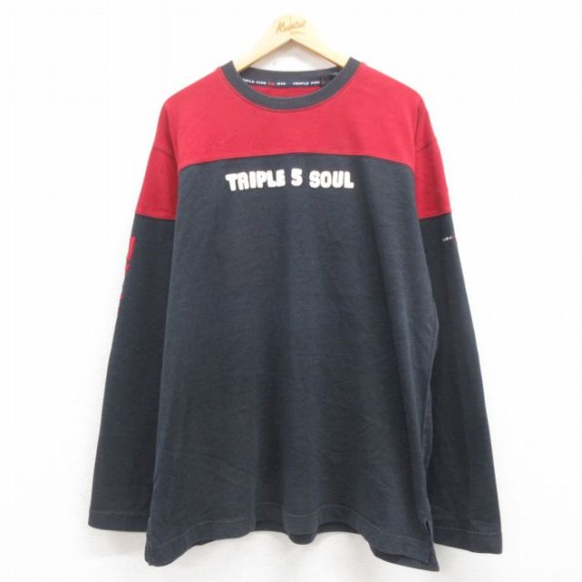 【50%OFF】XL★古着 TRIPLE FIVE SOUL 長袖 Tシャツ メンズ ビッグロゴ 大きいサイズ ツートンカラー クルーネック グレー 25aug13 中古