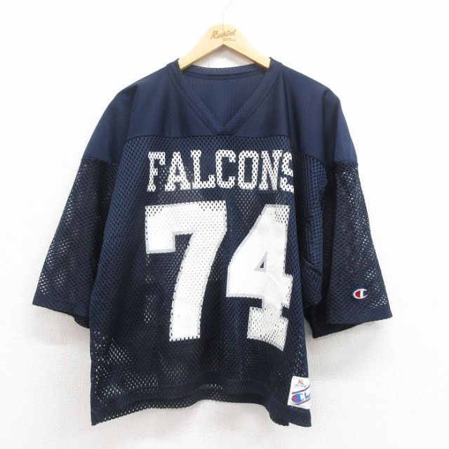 XL★古着 チャンピオン champion 半袖 ビンテージ フットボール Tシャツ メンズ 90年代 90s ファルコンズ 大きいサイズ メッシュ地 Vネック USA製 紺 ネイビー ユニフォーム ゲームシャツ 25aug13 中古
