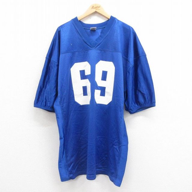 XL★古着 半袖 ビンテージ フットボール Tシャツ メンズ 90年代 90s 69 大きいサイズ メッシュ地 Vネック USA製 青 ブルー ユニフォーム ゲームシャツ 25aug13 中古