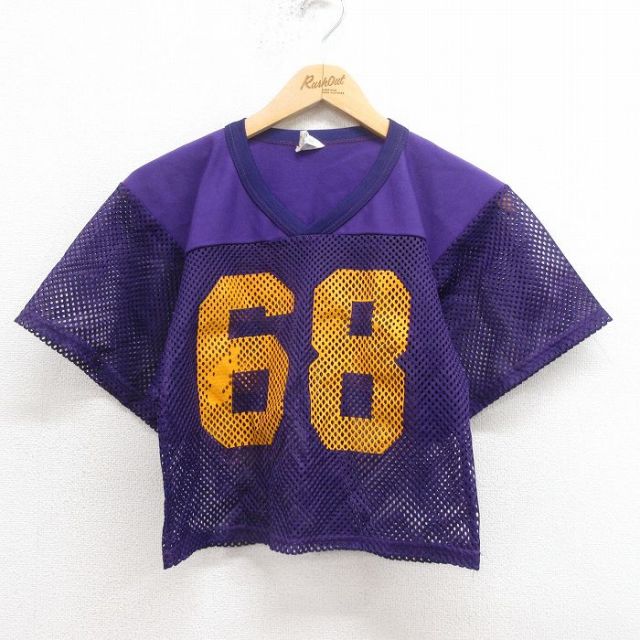 【50%OFF】XS★古着 半袖 ビンテージ フットボール Tシャツ メンズ 80年代 80s 68 メッシュ地 Vネック USA製 紫 パープル 25aug13 中古