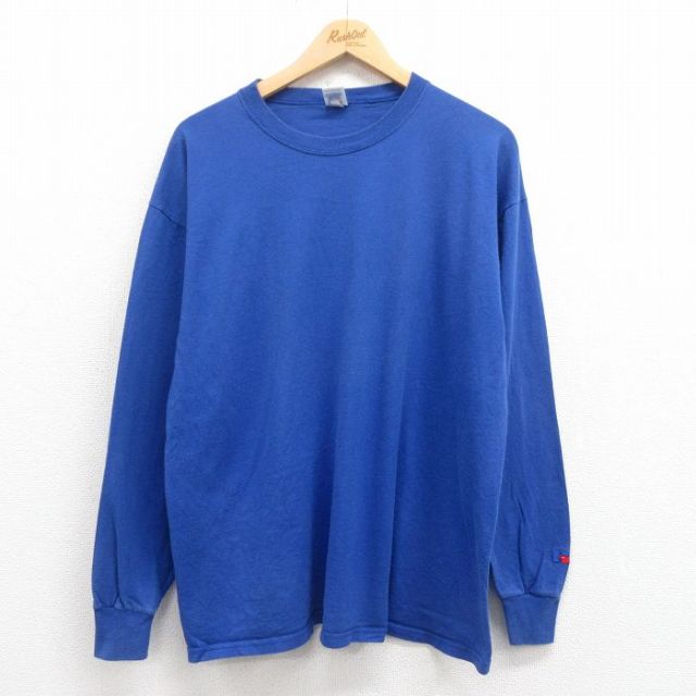 【50%OFF】XL★古着 ラッセル 長袖 ビンテージ Tシャツ メンズ 00年代 00s ワンポイントロゴ コットン クルーネック 青 ブルー 25aug18 中古