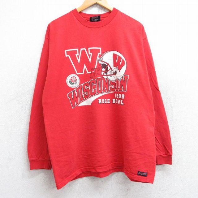【50%OFF】XL★古着 ジャンスポーツ 長袖 ビンテージ Tシャツ メンズ 90年代 90s ウィスコンシンバッジャーズ フットボール ローズボウル コットン クルーネック USA製 赤 レッド 25aug18 中古