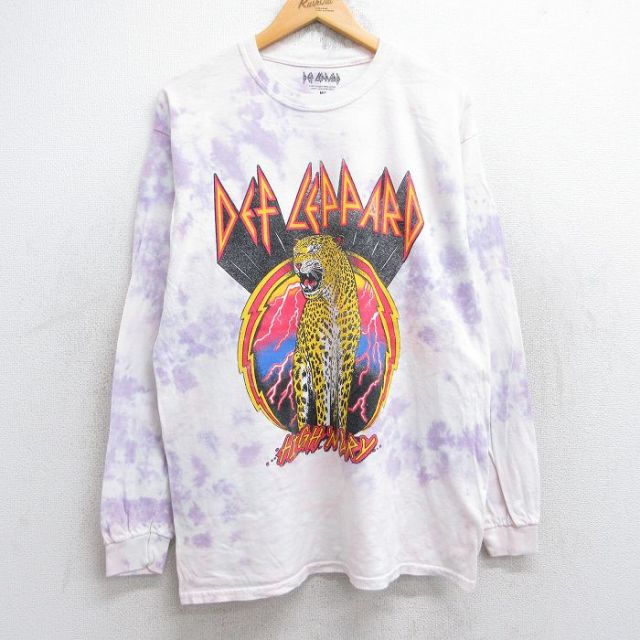 L★古着 長袖 ロック バンド Tシャツ メンズ デフレパード コットン クルーネック 紫他 パープル タイダイ 25aug18 中古