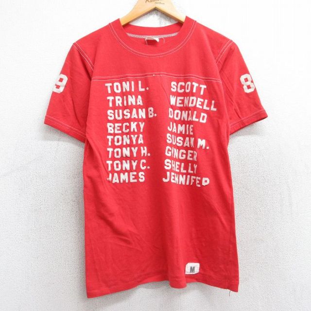 S★古着 半袖 ビンテージ フットボール Tシャツ メンズ 80年代 80s MRS HEAD フロッキープリント クルーネック 赤 レッド 25aug18 中古