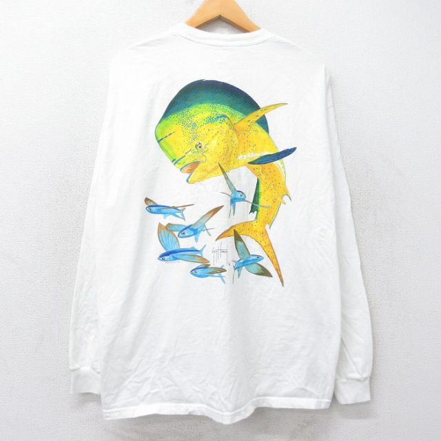 XL★古着 長袖 ビンテージ Tシャツ メンズ 00年代 00s 魚 胸ポケット付き コットン クルーネック 白 ホワイト 25aug20 中古