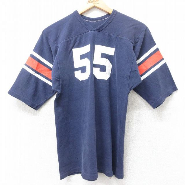 S★古着 ラッセル 半袖 ビンテージ フットボール Tシャツ メンズ 70年代 70s BRONDIE 55 コットン Vネック USA製 紺他 ネイビー 【spe】 25aug20 中古