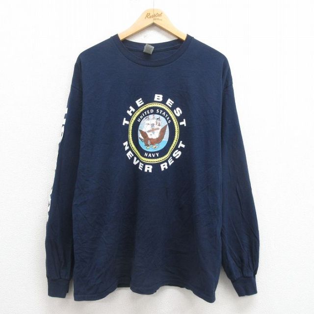 XL★古着 長袖 Tシャツ メンズ ミリタリー USネイビ コットン クルーネック 紺 ネイビー 25aug21 中古