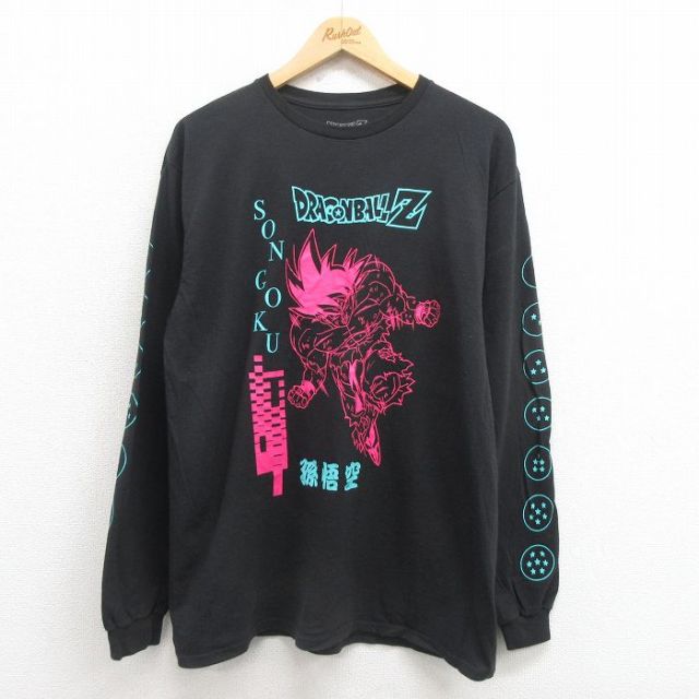 L★古着 長袖 Tシャツ メンズ アニメ ドラゴンボールZ 孫悟空 コットン クルーネック 黒 ブラック 25aug21 中古