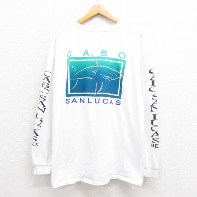【50%OFF】XL★古着 長袖 Tシャツ メンズ サメ 大きいサイズ コットン クルーネック 白 ホワイト 25aug21 中古