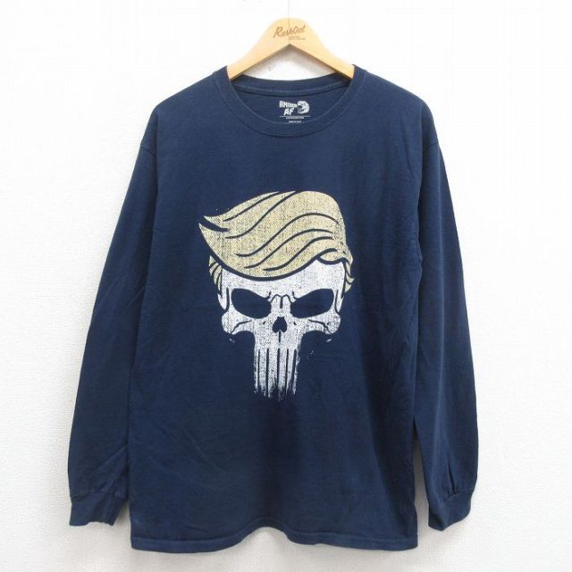 L★古着 長袖 Tシャツ メンズ スカル コットン クルーネック USA製 紺 ネイビー 25aug21 中古