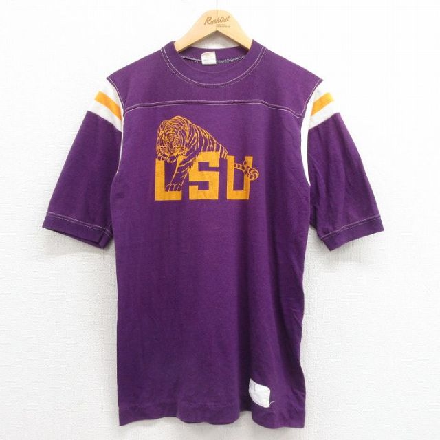M★古着 半袖 ビンテージ フットボール Tシャツ メンズ 80年代 80s トラ クルーネック USA製 紫 パープル 【spe】 25aug21 中古