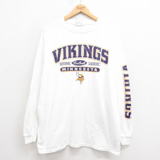 【20%OFF】L★古着 長袖 ビンテージ Tシャツ メンズ 00年代 00s NFL ミネソタバイキングス コットン クルーネック 白 ホワイト アメフト スーパーボウル 25aug21 中古