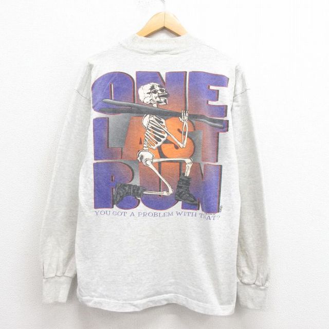 XL★古着 長袖 ビンテージ Tシャツ メンズ 90年代 90s スケルトン コットン モックネック ハイネック USA製 グレー 霜降り 【spe】 25aug21 中古