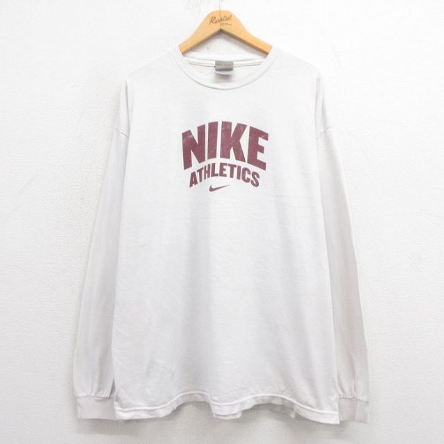 XL★古着 ナイキ NIKE 長袖 ビンテージ Tシャツ メンズ 00年代 00s ビッグロゴ 大きいサイズ コットン クルーネック 白系 ホワイト 25aug21 中古