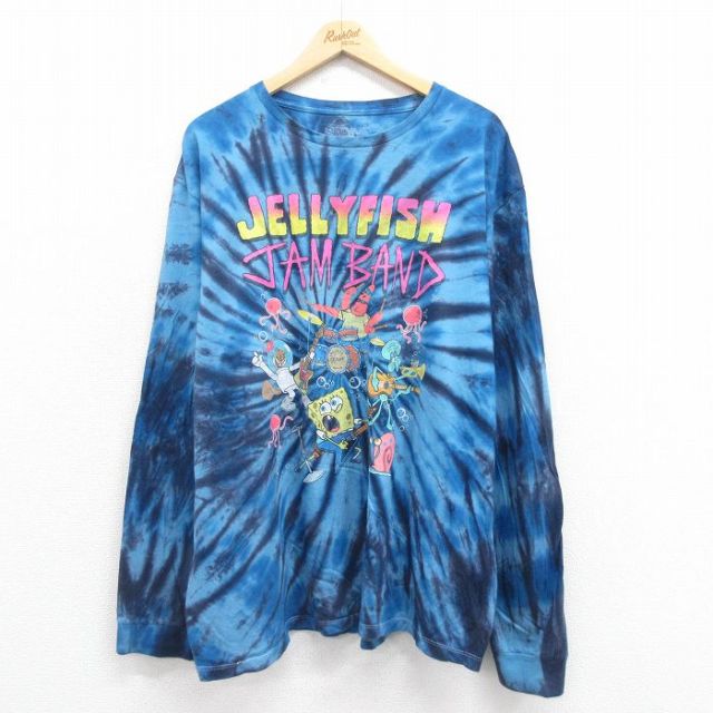 【50%OFF】XL★古着 長袖 Tシャツ メンズ アニメ スポンジボブ 大きいサイズ コットン クルーネック 青 ブルー タイダイ 25aug21 中古