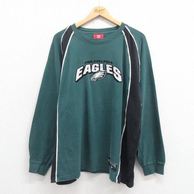 【50%OFF】XL★古着 長袖 ビンテージ Tシャツ メンズ 00年代 00s NFL フィラデルフィアイーグルス 刺繍 大きいサイズ ラグラン クルーネック 緑 グリーン アメフト スーパーボウル 25aug21 中古