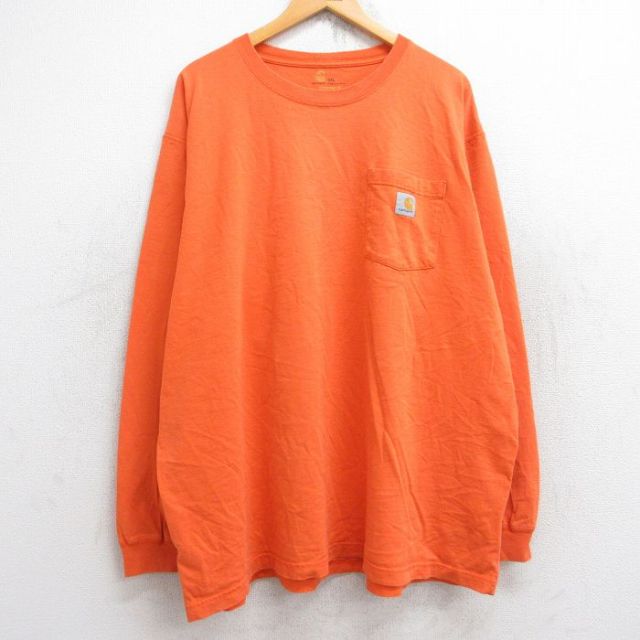 XL★古着 カーハート Carhartt 長袖 Tシャツ メンズ ワンポイントロゴ 胸ポケット付き 大きいサイズ コットン クルーネック オレンジ 25aug22 中古
