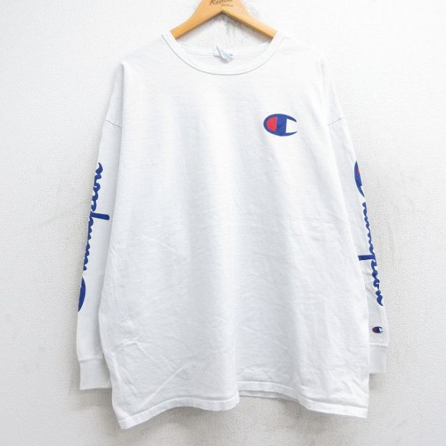 XL★古着 チャンピオン Champion 長袖 Tシャツ メンズ ビッグロゴ 大きいサイズ コットン クルーネック 白 ホワイト 25aug22 中古