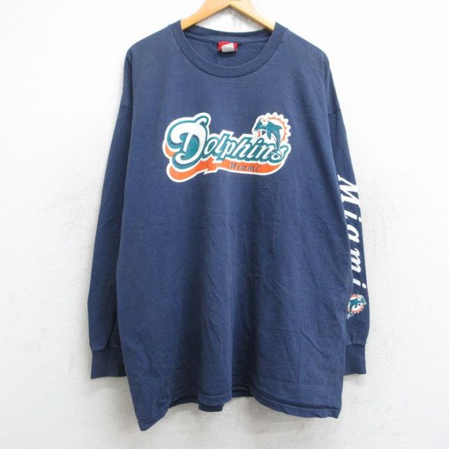 XL★古着 長袖 ビンテージ Tシャツ メンズ 00年代 00s NFL マイアミドルフィンズ 大きいサイズ ロング丈 コットン クルーネック 紺 ネイビー アメフト スーパーボウル 25aug22 中古