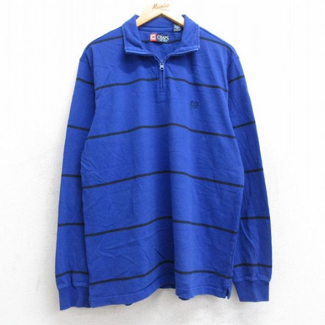 XL★古着 チャップス 長袖 ハーフジップ Tシャツ メンズ ワンポイントロゴ コットン クルーネック 青 ブルー ボーダー 25aug22 中古