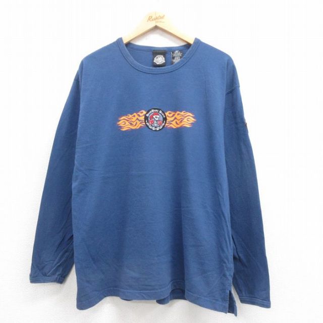 L★古着 長袖 Tシャツ メンズ スカル コットン クルーネック 薄紺 ネイビー 25aug22 中古