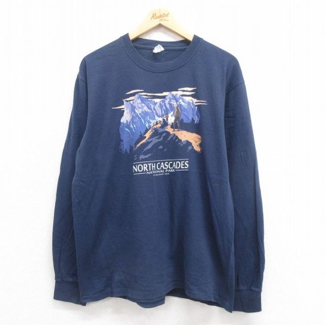 L★古着 長袖 Tシャツ メンズ ノースカスケード国立公園 コットン クルーネック 紺 ネイビー 25aug22 中古