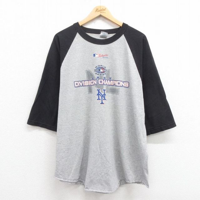 【50%OFF】XL★古着 7分袖 ビンテージ Tシャツ メンズ 00年代 00s MLB ニューヨークジャイアンツ 大きいサイズ ツートンカラー クルーネック グレー 霜降り メジャーリーグ ベースボール 野球 25aug22 中古 7分丈 七分丈 七分袖