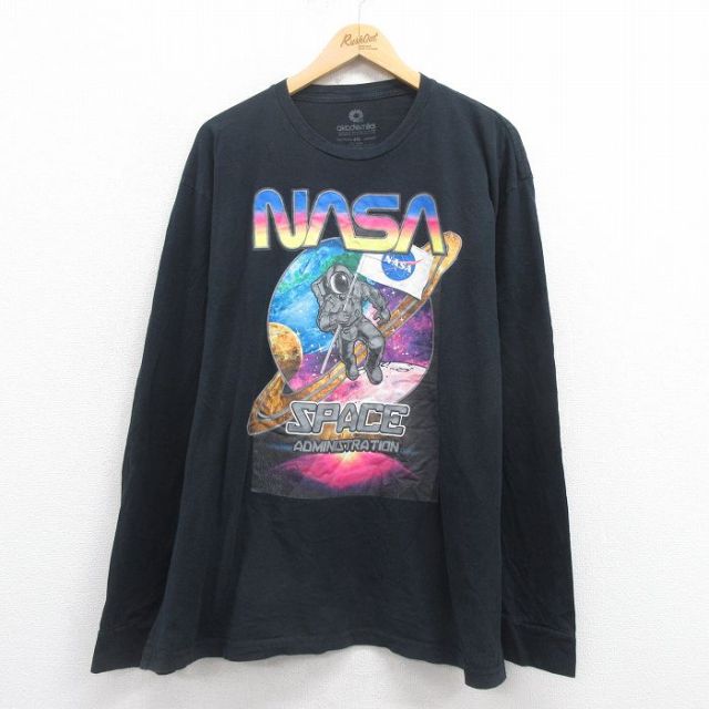 XL★古着 長袖 Tシャツ メンズ NASA 大きいサイズ コットン クルーネック 黒 ブラック 25aug27 中古