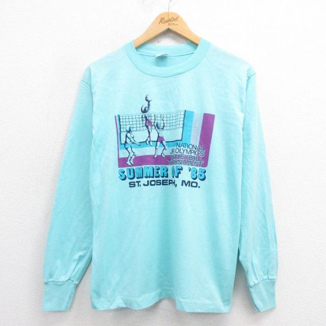 M★古着 長袖 ビンテージ Tシャツ メンズ 80年代 80s バレーボール クルーネック USA製 水色 25aug27 中古