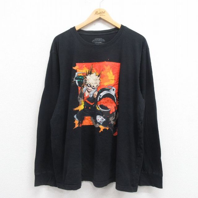 XL★古着 長袖 Tシャツ メンズ アニメ 僕のヒーローアカデミア 大きいサイズ コットン クルーネック 黒 ブラック 【spe】 25aug27 中古