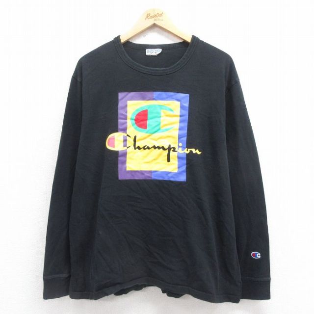【50%OFF】XL★古着 チャンピオン champion 長袖 Tシャツ メンズ ビッグロゴ クルーネック 黒 ブラック 25aug27 中古