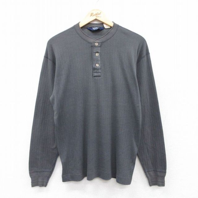 L★古着 ウールリッチ WOOLRICH 長袖 ビンテージ Tシャツ メンズ 90年代 90s 無地 ヘンリーネック 濃グレー 25aug27 中古