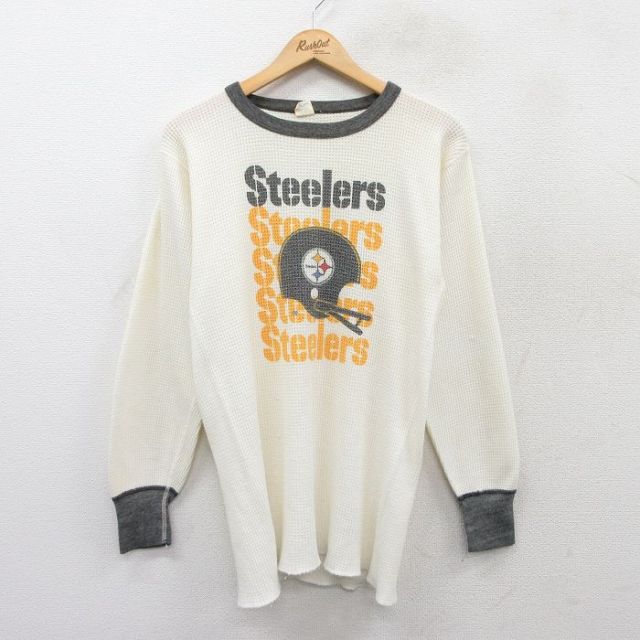 【20%OFF】M★古着 長袖 ビンテージ サーマル Tシャツ メンズ 90年代 90s NFL ピッツバーグスティーラーズ クルーネック USA製 生成り他 アメフト スーパーボウル 25aug27 中古