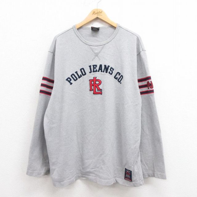 XL★古着 ラルフローレン Ralph Lauren ポロジーンズ 長袖 ブランド Tシャツ メンズ ビッグロゴ 大きいサイズ コットン クルーネック グレー 【spe】 25aug27 中古