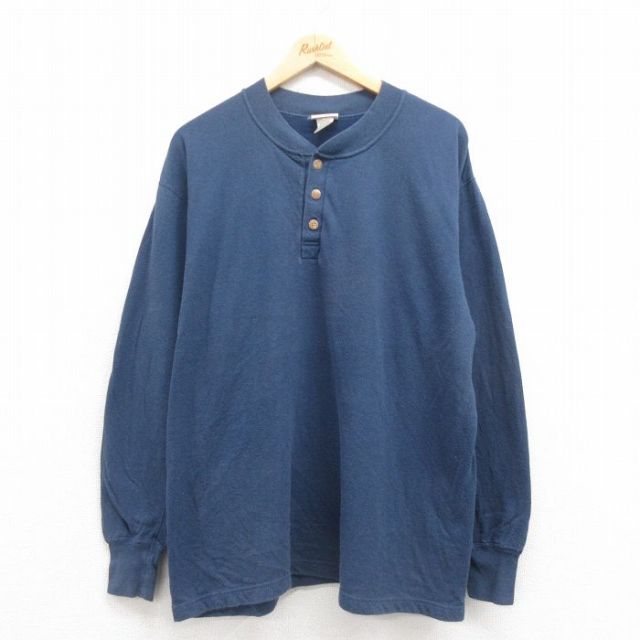 【20%OFF】XL★古着 デュオフォールド 長袖 Tシャツ メンズ 無地 大きいサイズ コットン ヘンリーネック 紺 ネイビー 25aug27 中古