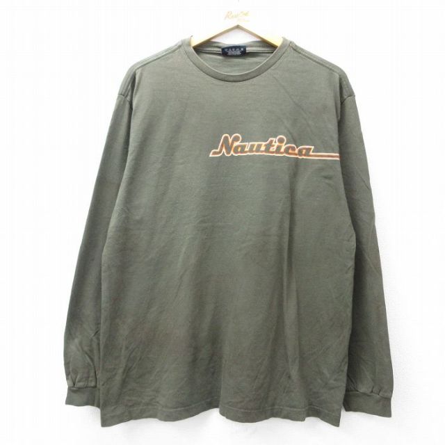 XL★古着 ノーティカ NAUTICA 長袖 ブランド Tシャツ メンズ ビッグロゴ コットン クルーネック カナダ製 緑系 グリーン 25aug28 中古